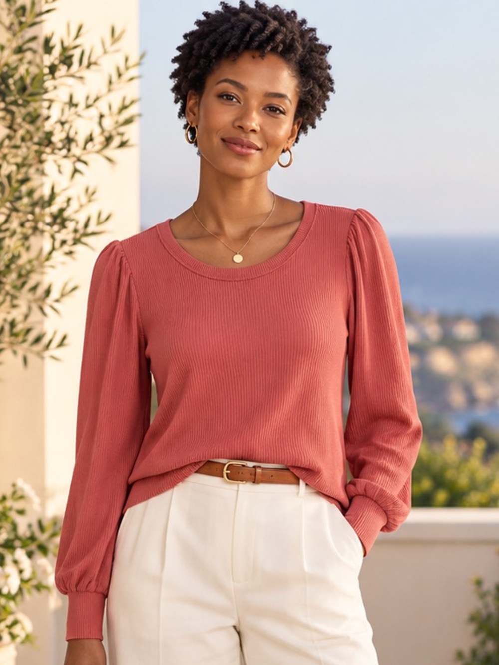 Marine Layer Lexi Ribbed Puff Sleeve Tencel Top in Salmon medium